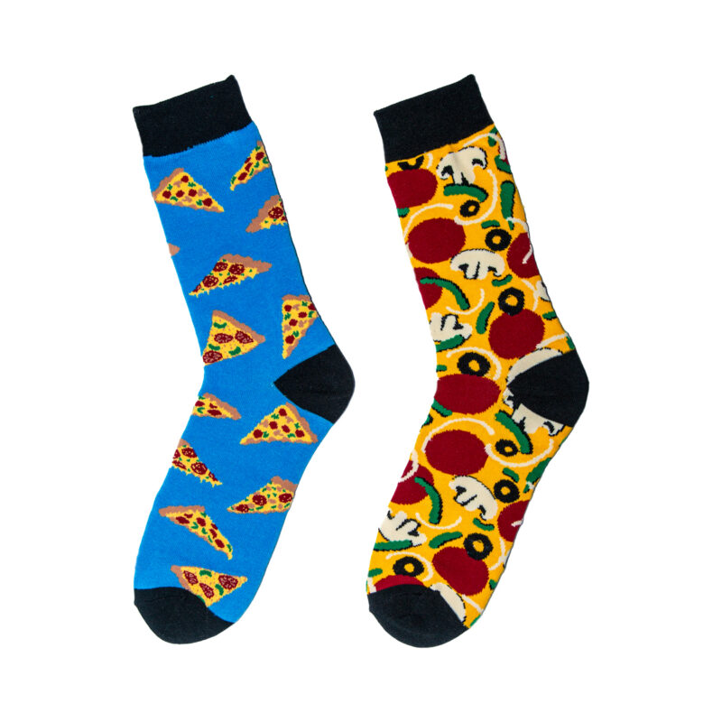 Κάλτσες pizza mix and match. Χρώμα μπλε και κίτρινο. Κάλτσες με σχέδια, ξεχωριστές, αστείες, άνετες, ιδανικές για καθημερινή χρήση