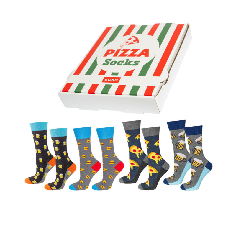 Σετ 4 ζευγάρια κάλτσες Pizza ανδρικές σε διαφορα χρώμματα με σχέδια ψηλές. Ιδανικές για δώρο σε άντρες. Φορέστε τις με την παρέα σας βλεποντας το αγαπημένο σας σπορ ή show στην τηλεαόραση. Mix and match