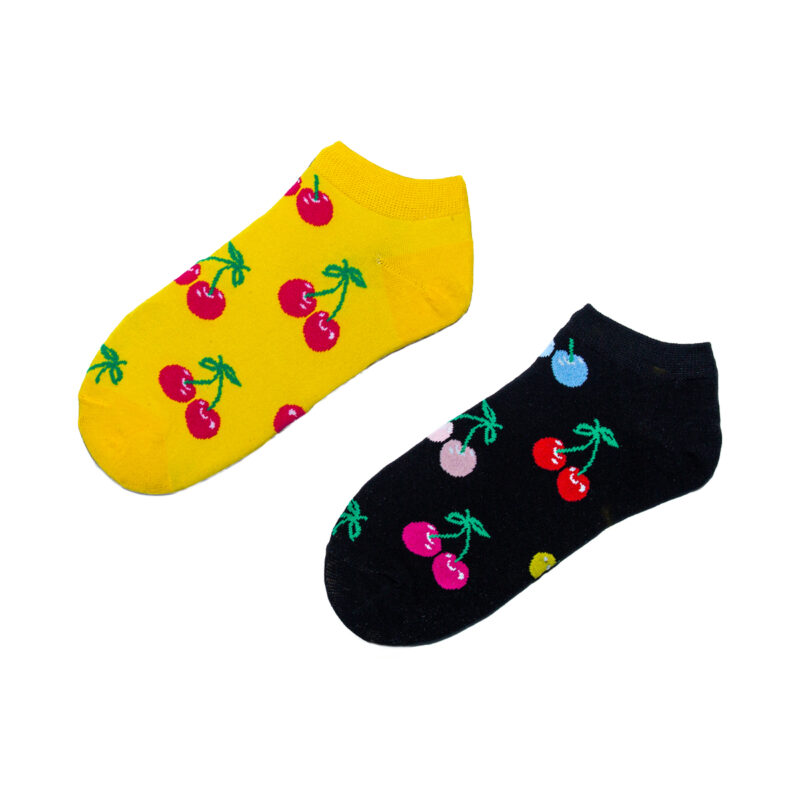 Κοντές κάλτσες cherry mix and match κίτρινο - μαύρο. Κάλτσες με σχέδια, ξεχωριστές, αστείες, άνετες, ιδανικές για καθημερινή χρήση.